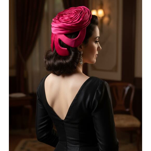 A Rose with a Bow Vintage 50s/60s Pillbox Hat  Fuchsia Satin Old Hollywood Glam - Picture 3 of 10